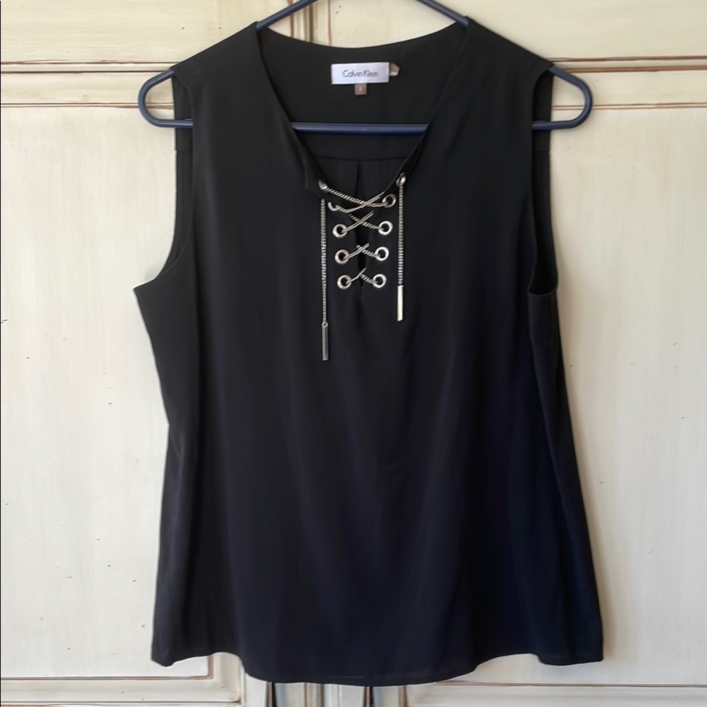 Calvin Klein Black Blouse with Lace-Up Detail
